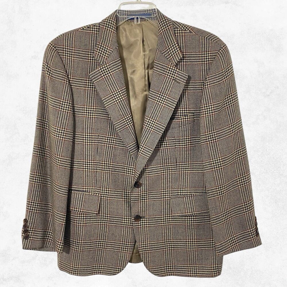 Ralph Lauren Chaps Blazer 42S Brown Blue Red Wool Glen Plaid 90's vtg Jacket